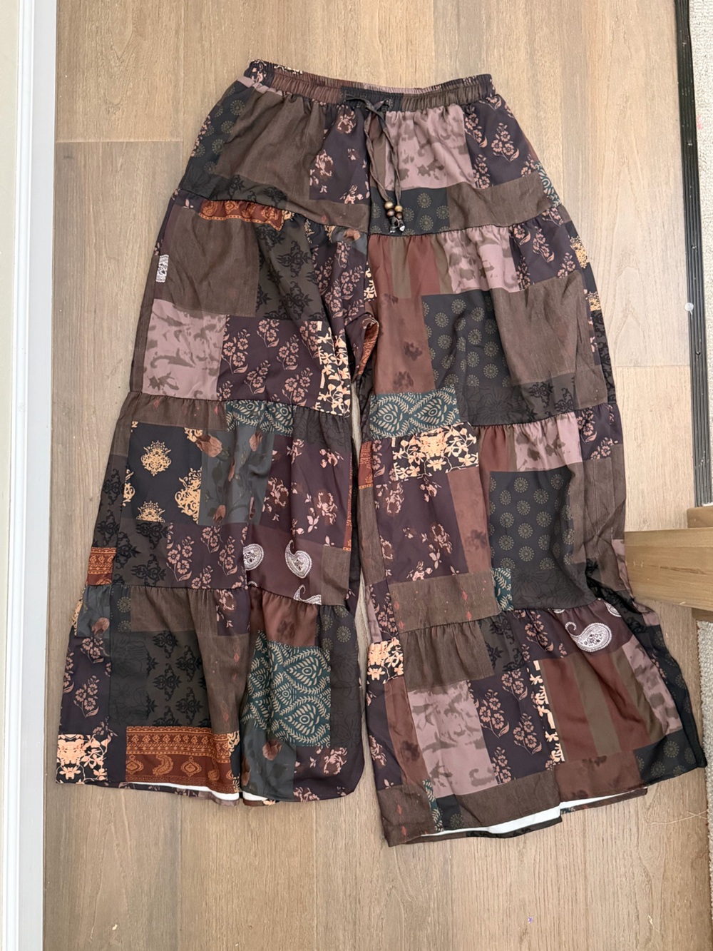 NWT Brown Patchwork wide leg hippie boho pants drawstring large - Picture 6 of 6